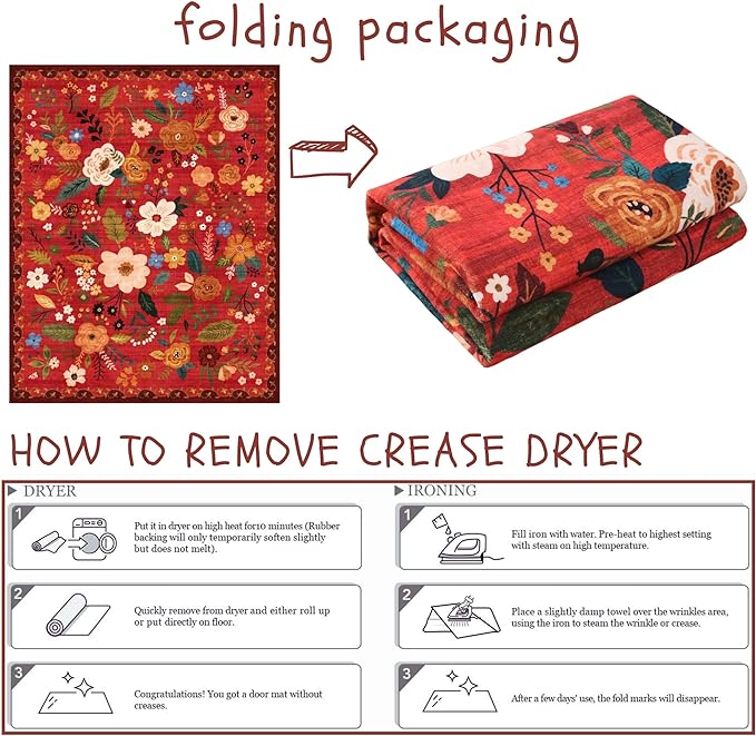 Area Rug 4x6 Rug Washable Boho Rugs Non Slip Low Pile Floral Small Carpet for Bedroom, Bedside, Kids Room, Office, Dining Room(Red)