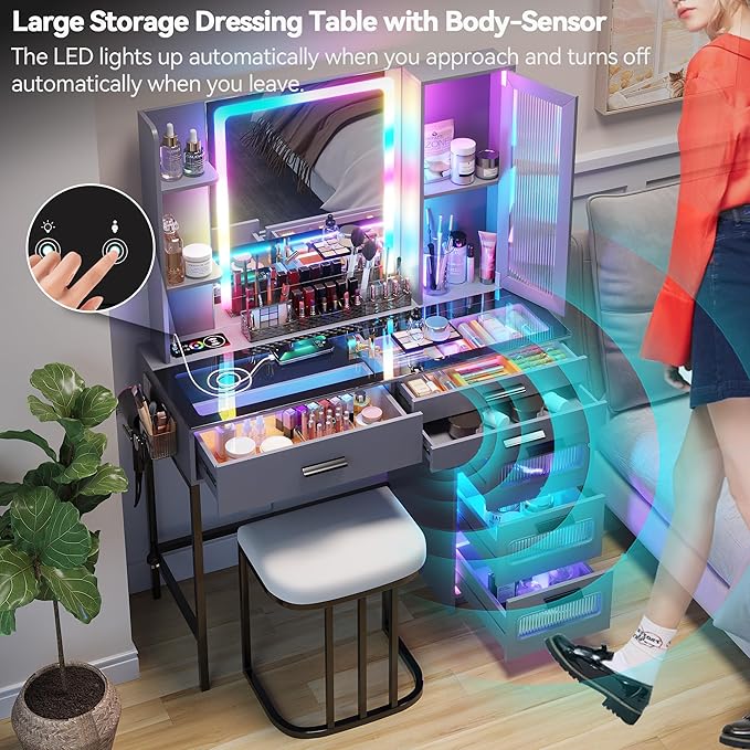 HENBC Vanity with Mirror and LED Lights, Glass Top Vanity Desk with Charging Station(Wireless+USB+Type-C), RGB Makeup Table Set with Stool/Makeup Organizer/6 Drawers for Bedroom (Grey)