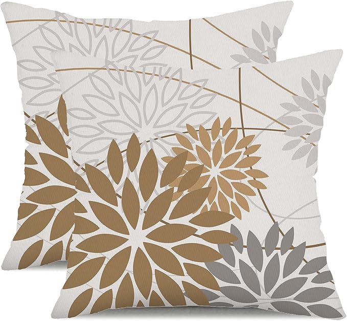 Brown Grey Outdoor Pillow Cover 20X20 Inch Set of 2 Outdoor Waterproof Summer Floral Brown Decorative Pillow case Decor for Couch Patio Funiture Garden Print Polyester Cushion Cover 01E20