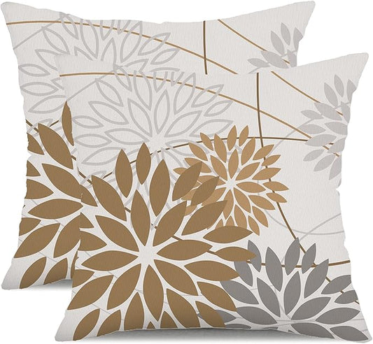 Brown Grey Outdoor Pillow Cover 18X18 Inch Set of 2 Outdoor Waterproof Summer Floral Brown Decorative Pillow case Decor for Couch Patio Funiture Garden Print Polyester Cushion Cover 01E18