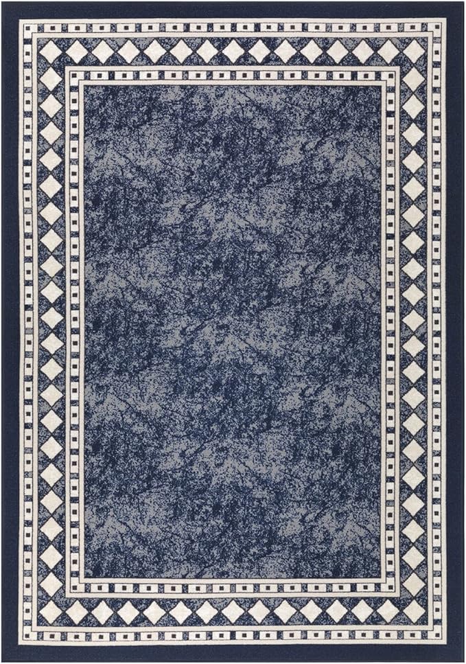 Antep Rugs Alfombras Modern Bordered 4x6 Non-Skid (Non-Slip) Low Profile Pile Rubber Backing Indoor Area Rugs (Navy Blue, 4' x 5'8")