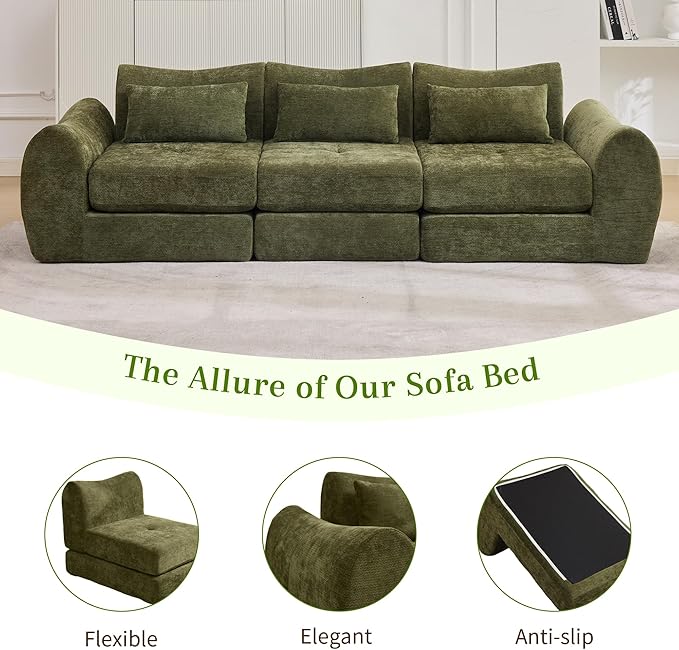 MAXMAXX 102" Modular Sectional Cloud Sofa,4-in-1 Folding Convertible Sofa Bed, Floor Boneless Couch, Modular Cushion Couch,Suitable for Living Room,Bedroom and Recreation Room (Green)