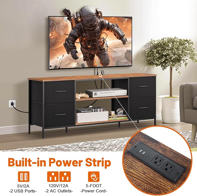 TV Stand for Bedroom, Television Stand for TV up to 55 Inch Entertainment Center Dresser with 4 Drawers Open Storage Shelves for Living Room, Entryway (Black and Rustic Brown)