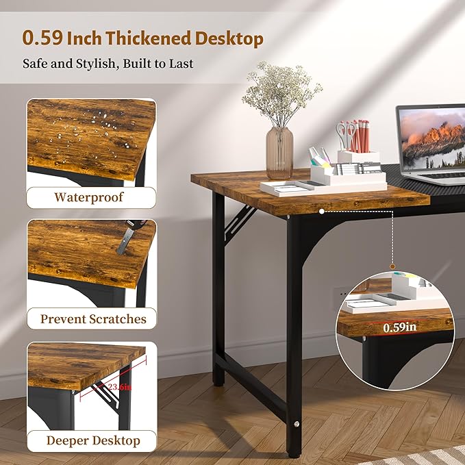 55inch Computer Desk with Deeper Carbon Fiber Desktop, Gaming Office Desk with Sturdy Metal Frame,Home Office Desk for Gaming, Working, Studying, Rustic Brown