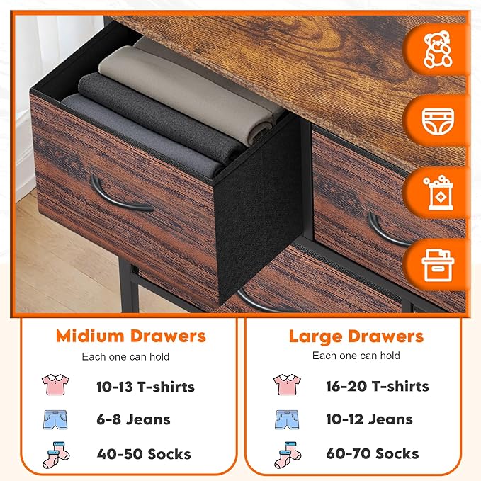 Dresser for Bedroom with 5 Drawers, Chest of Drawers, Storage Drawers Organizer Unit, Black Wide Fabric Dresser with Fabric Bins for Closet, Living Room, Bedroom (Brown and Rustic Brown)