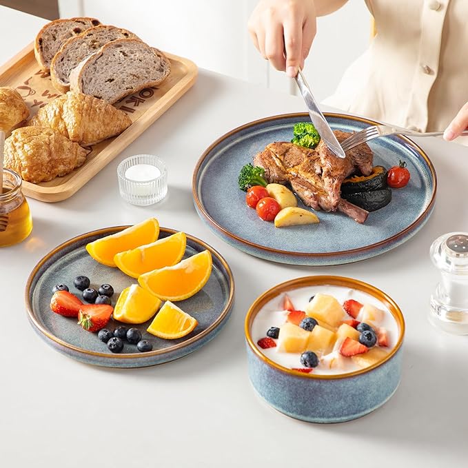 vancasso ONION Ceramic Plates and Bowls Sets, 24 Pieces Blue Dinnerware Sets for Kitchen, Reactive Glaze Dishes Set for 8, Dishwasher and Microwave Safe