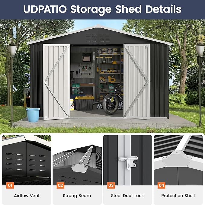UDPATIO Outdoor Storage Shed 10x12 FT, Outside Sheds & Outdoor Storage Metal Galvanized Steel Yard, Patio, Lawn, Tool Shed with Lockable Door for Can, Bike, Lawnmower, Generator,Dark Grey
