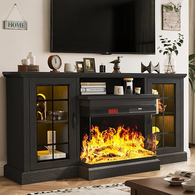 MXV 59'' Fireplace TV Stand, Farmhouse Entertainment Center with 3 Sided Glass TV Stand, Modern Media Console Table with Storage Drawers & Cabinets with LED Flame and Lights for Living Room, Black