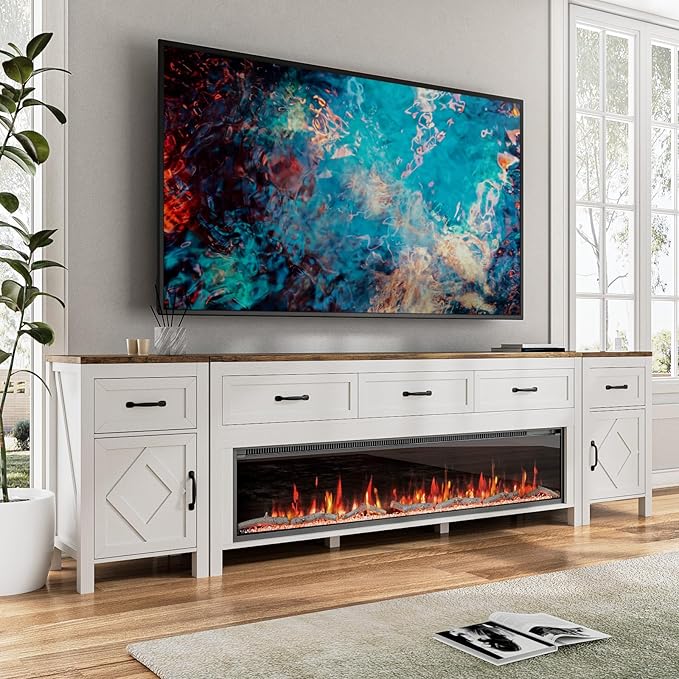 Modern TV Stand with Fireplace for TVs Up to 100 Inch,Entertainment Center with 60" Electric Fireplace,98" TV Console with Storage Cabinet Drawers for Living Room(Off White)