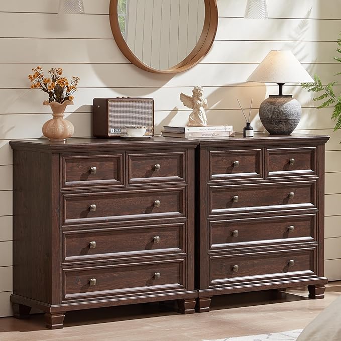 Farmhouse 5 Drawer Dresser Set of 2, 32.6 Inch Tall Vintage Chest of Drawers for Bedroom, Rustic Small Dressers w/Square Solid Wood Legs, Mid Century Storage Organizer for Hallway, Walnut