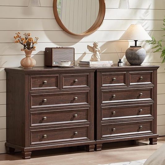 Farmhouse 5 Drawer Dresser Set of 2, 32.6 Inch Tall Vintage Chest of Drawers for Bedroom, Rustic Small Dressers w/Square Solid Wood Legs, Mid Century Storage Organizer for Hallway, Walnut