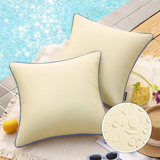 Phantoscope Pack of 2 Outdoor Waterproof Throw Pillow Covers with Contrast Piping, Decorative Square Cushion Case Patio Pillows for Couch Tent Sunbrella, Light Beige 20x20 inches