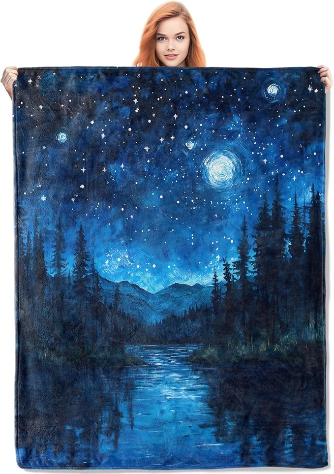 Starry Night Forest Flannel Blanket, Starry Night Gifts, Nature-Themed Blanket for Women, Soft Lightweight Throw Blankets for Bed Home Travel Decor 50" x 60"