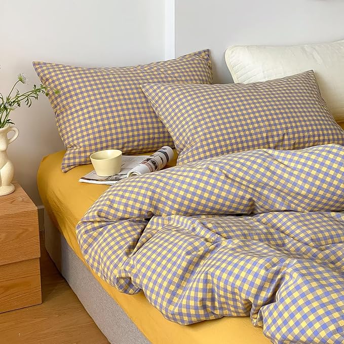 mixinni Yellow/Purple Gingham Comforter Set Queen, Plaid Comforter Set 3 Pieces 1 Vintage Grid Comfoter with 2 Pillow Cases for All Seasons, Soft Fluffy Modern Grid Pattern Printed Bedding-Queen Size