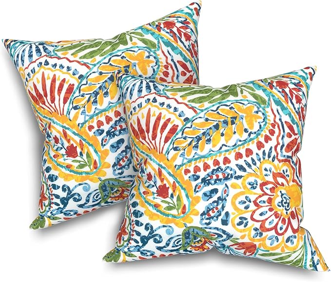 Pack of 2 Patio Throw Pillow Covers ONLY, Water Repellent Cushion Cases 20x20 Inch, Square Pillowcases for Outdoor Couch Decoration, Paisley Multi