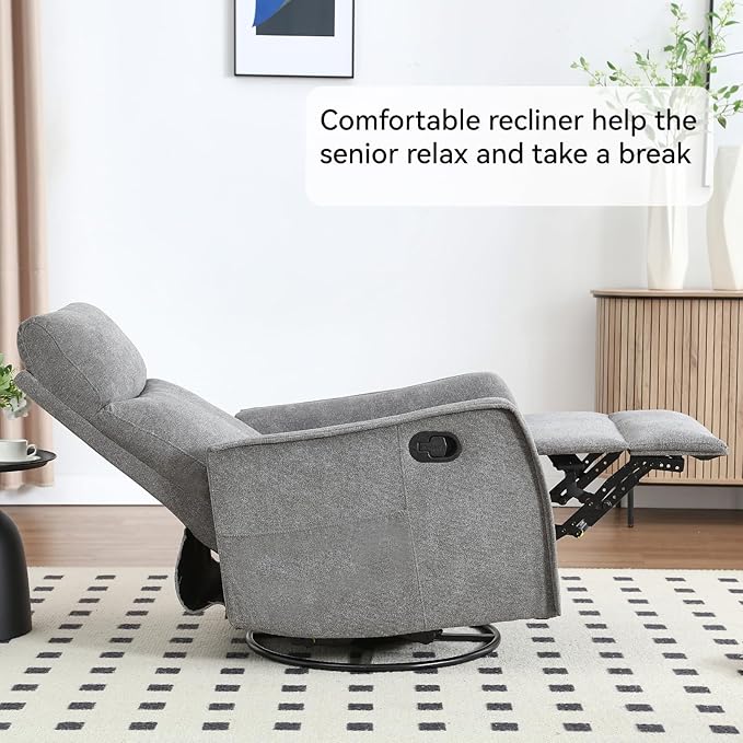 Massage Rocker Swivel Recliner Chair for Adults, Manual Recliner Glider with Lumbar Heating, Technical Flannel Fabric Nursery Glider Rocking Chair with Vibration Massage for Living Room - Grey