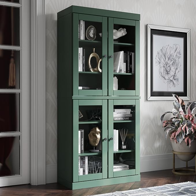 Palace Imports Solid Wood Bookcase - 6-Tier Bookshelf, 71.5” H x 32” W - Green, Clear Glass Cabinet Doors & Adjustable Shelves, Tall Bookcase, 100% Renewable Eco-Friendly Wood, Made in Brazil