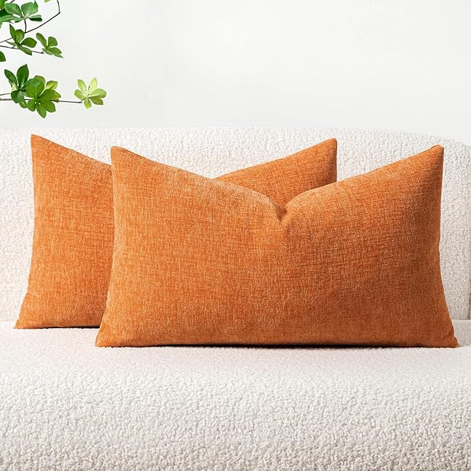 MIULEE Fall Pack of 2 Orange Throw Pillow Covers 12x20 Inch Soft Chenille Pillow Covers for Sofa Living Room Couch Solid Dyed Cases