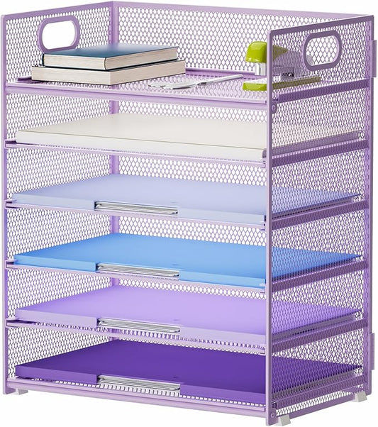 Marbrasse 6 Tier Paper Organizer Letter Tray - Mesh Desk File Organizer with Handle, Paper Sorter for Letter/A4 Office File Folder Holder - Purple