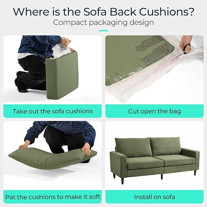 LINSY Modern Loveseat Sofa Couches for Living Room, Comfy Corduroy Sofa, Adjustable Seat Depth, Extra Deep Seats, Solid Wood Frame, Removable Cover, Love Seat Couch for Small Spaces (79inch, Green)