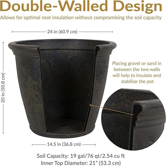 Sunnydaze 24-Inch Anjelica Large Plastic Pot for Plants - Double-Walled Outdoor Polyresin Round Planter Porch Pot with Drillable Drainage Holes - Sable - 2pk