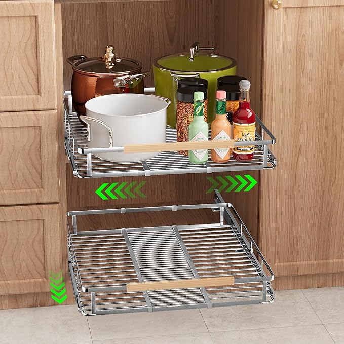 Expandable Pull Out Drawers for Cabinets, Kitchen Cabinet Slide Out Shelves, Adjustable Roll Out Drawers, Stainless Steel, Large 1 Pack, (14.5"-25.5") Cabinet Width x 22.7" Depth