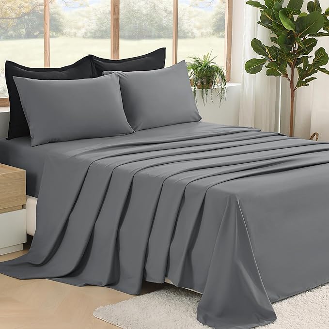 Litanika Comforter Queen Size Set Black Grey - 7 Pieces Bed in a Bag Queen Bedding Comforter Sets, Plain Lightweight Bed Set with Comforter, Sheets, Pillowcases & Shams