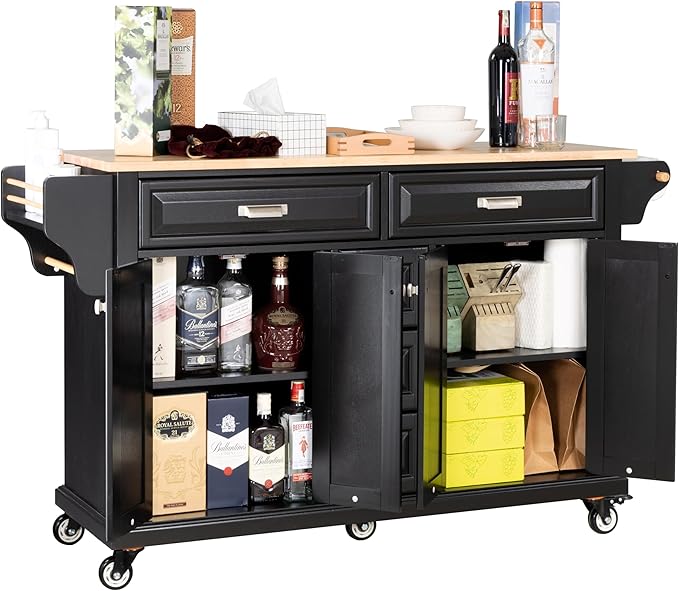 Generic 60.5"" Kitchen Island on Wheels, Rolling Island Table for Kitchen with Double Storage Cabinet and 5 Drawers, Portable Kitchen Cart with Rubber Wood Top, Black, Large