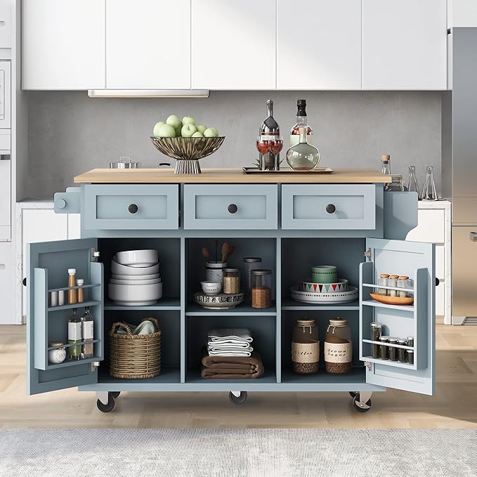 Rolling Mobile Kitchen Island Cart Cabinet with Door Internal Storage Racks, 3 Drawers and 5 Locking Wheels for Dining Room