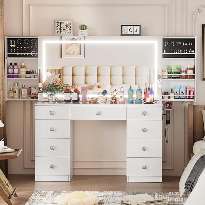 Makeup Vanity Desk with Large Mirror and Lights,White Vanity Table with Glass Top,9 Drawers,3 Color Modes,Sliding 2 Wall Mounted Jewelry Storage Racks,Suitable for Bedroom Ladies and Girls