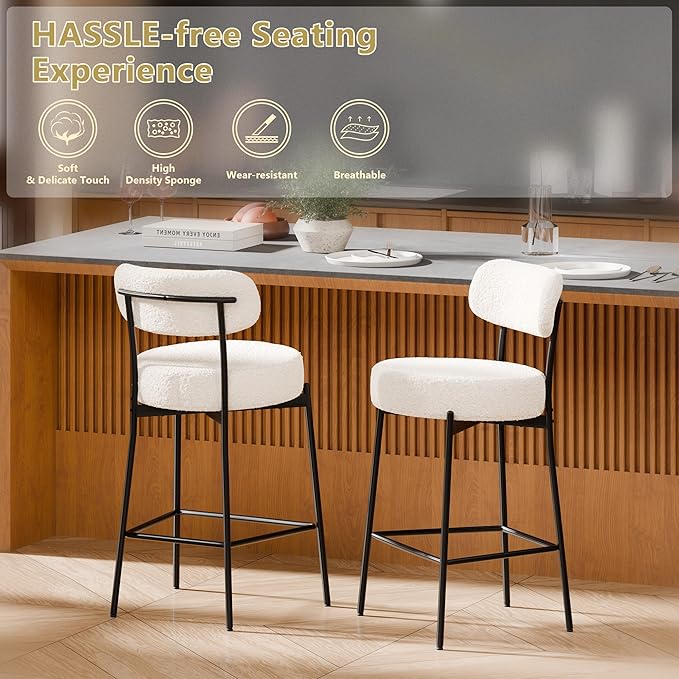 DYHOME Bar Stools Set of 2, 24 Inches White Boucle Bartools Counter Height Bar Stool with Curved Back Metal Legs, Modern Upholstered Barstools Chairs for Kitchen Island, Cafe