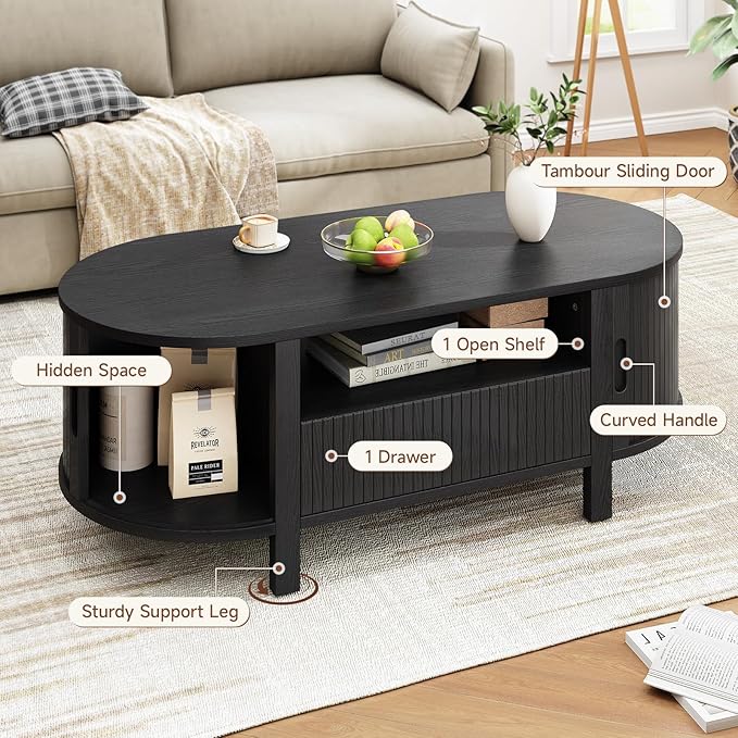 47.2 Inch Oval Coffee Table with Storage, Mid Century Modern Coffee Table with Drawer, Center Table with Sliding Door and Wood Fluted Handle for Living Room, Black