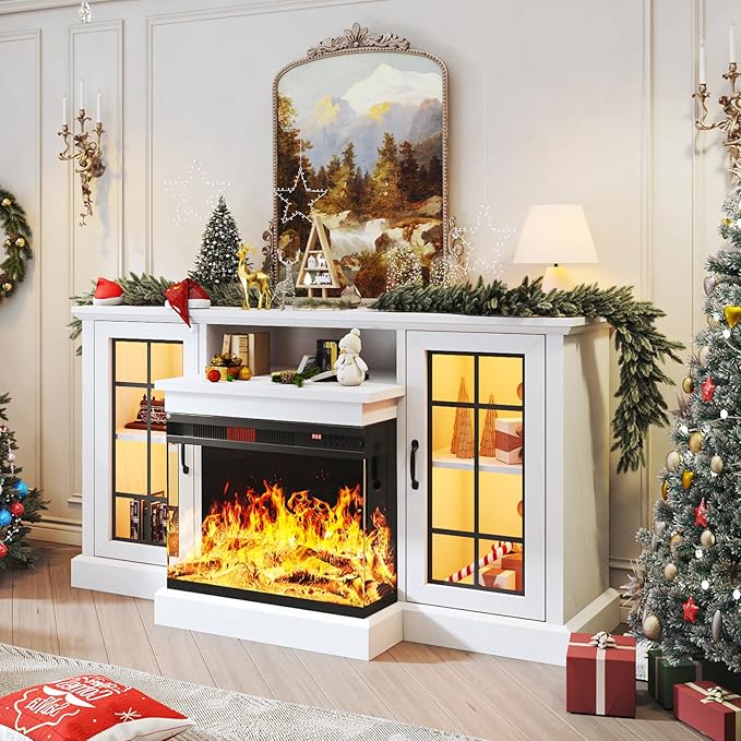 oneinmil 59'' Fireplace TV Stand, 3 Sided Glass Media Entertainment Center Console Table for TVs up to 65'' with Glass Door Adjustable Flame LED Color for Living Room, Set of TV Table, White