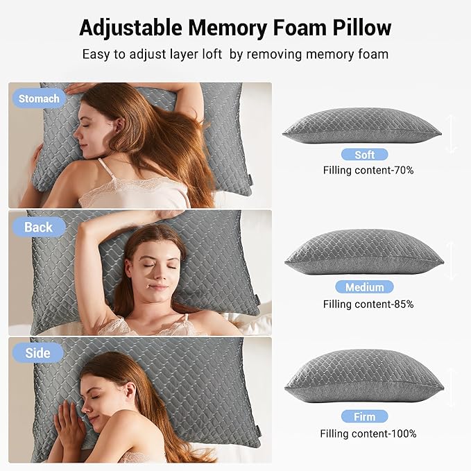 puredown Pillows Queen Size Set of 2, Shredded Memory Foam Pillows, Cooling Foam Pillow for Sleeping, Soft Bed Pillow Queen Size with Adjustable Foam for Side, Back and Stomach Sleepers, Grey