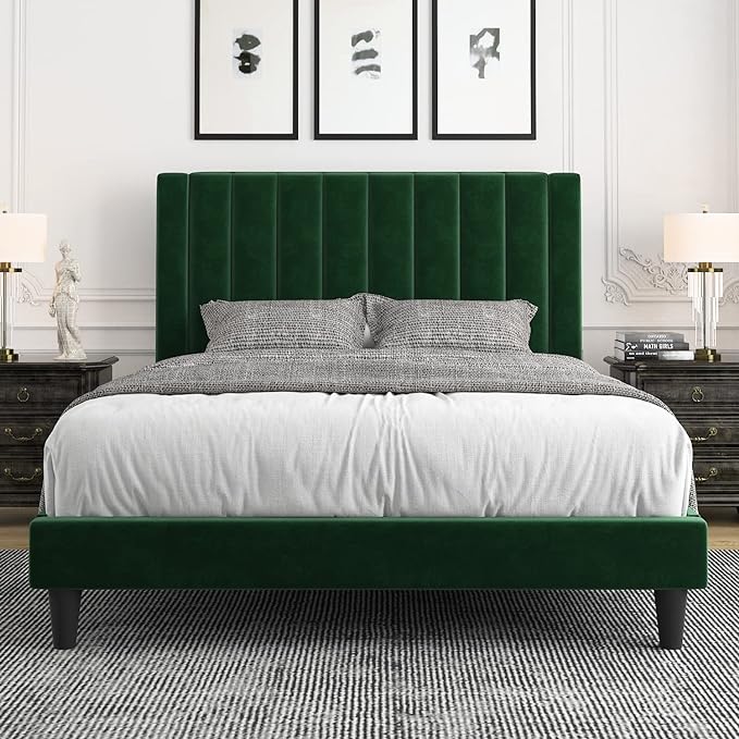 Allewie Queen Bed Frame/Velvet Upholstered Bed Frame with Vertical Channel Tufted Headboard/Strong Wooden Slats/Platform Bed Frame/Mattress Foundation/Box Spring Optional/Easy Assembly/Green