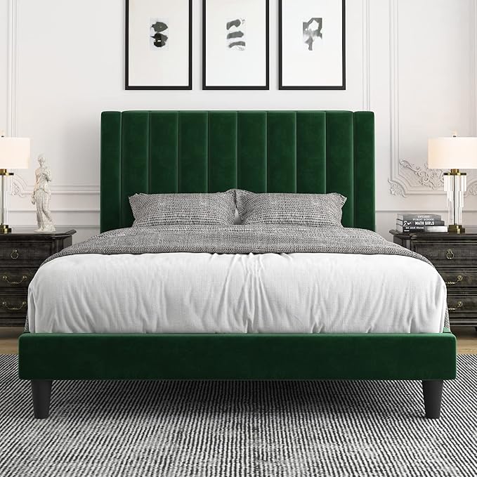 Allewie Full Bed Frame/Velvet Upholstered Bed Frame with Vertical Channel Tufted Headboard/Strong Wooden Slats/Platform Bed Frame/Mattress Foundation/Box Spring Optional/Easy Assembly/Green