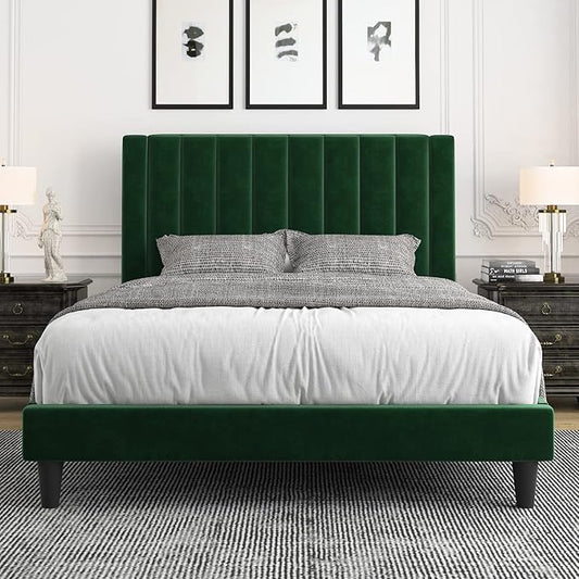 Allewie Full Bed Frame/Velvet Upholstered Bed Frame with Vertical Channel Tufted Headboard/Strong Wooden Slats/Platform Bed Frame/Mattress Foundation/Box Spring Optional/Easy Assembly/Green