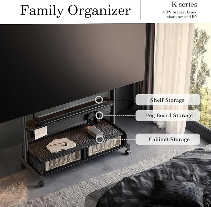 FITUEYES Rolling TV Stand Mount for 70 to 100 Large TV Screens，Mobile TV Floor Stand on Wheels with Ample Storage Pegboard & Wooden Shelf, Rolling TV Cart Hold up to 176 lbs, Max VESA 850 x 600