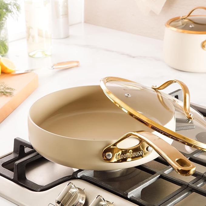 bloomhouse 10 Inch Heavy Duty Aluminum Premium PFA Free Ceramic Nonstick Saute/Deep Frying Pan Skillet with Lid - Almond Cream w/Gold Handle