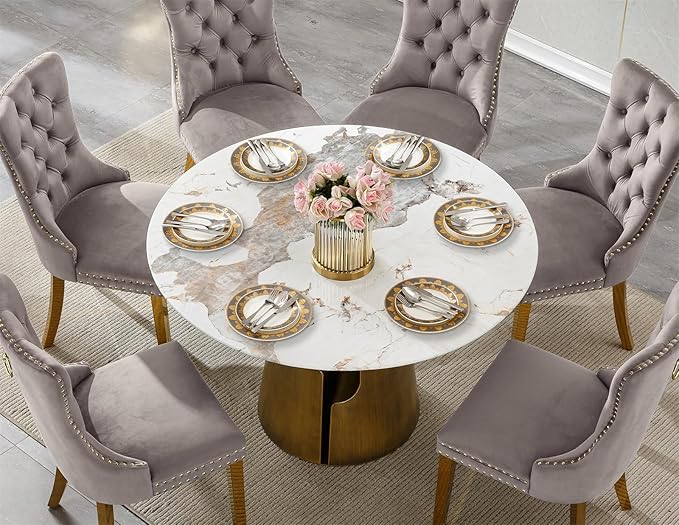 7-Piece Faux Marble Round Dining Table Set for 6, Modern Luxury Kitchen Table Set for 6 with Grey Tufted Chairs,Circle Dining Tables with Pandora Grain Top and Bronze Pedestal Base