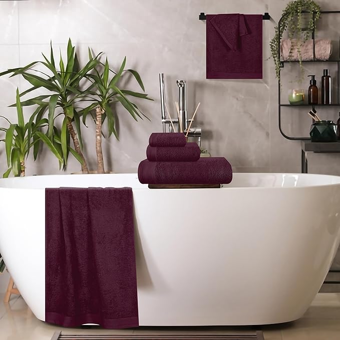 Ultra Soft 6 Pack Cotton Towel Set, Contains 2 Bath Towels 28x55 inch, 2 Hand Towels 16x24 inch & 2 Wash Coths 12x12 inch, Ideal Everyday use, Compact & Lightweight - Burgundy