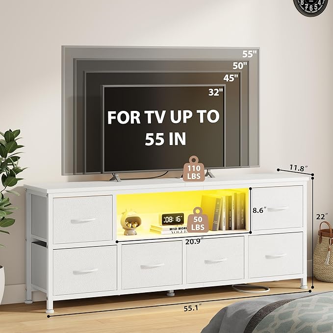 Lulive TV Stand for Living Room, LED White Dresser for Bedroom with 6 Fabric Drawers,43 55 60in TV Stand with Power Outlet, Entertainment Center with Open Shelf