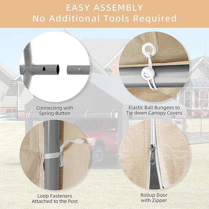 JY QAQA Carport, 12x20 FT Heavy Duty Carport with Removable Side Walls and Doors, Portable Garage with Roll-Up Window and Sandbags, Car Canopy with All-Season Tarp for Cars, Boats, Trucks, Khaki