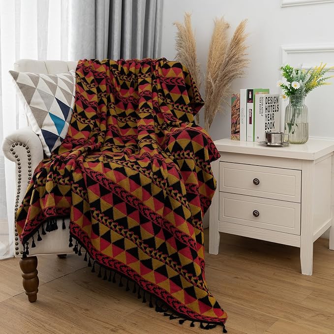 Gealaek Boho Throw Blanket Lightweight Soft Cozy Decorative Blankets for Sofa Bed Farmhouse Throw Blanket Aztec Blanket with Tassel Black Red Mustard Checkered 50" x 60"