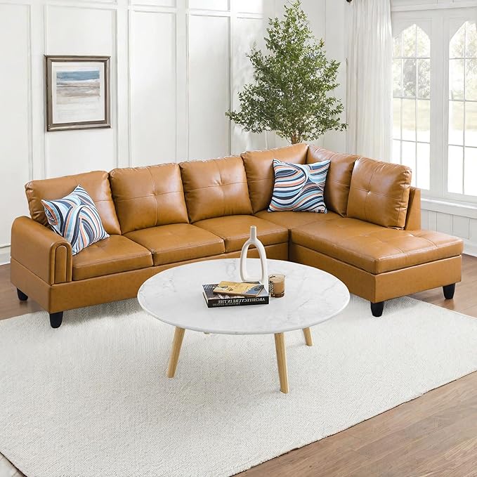 NicBex Sectional Couch 2 Pieces 66.5" L Sofa with Right Chaise Faux Leather L Shaped Cloud Couch for Living Room Furniture Sets with Cushion, Modular Sofa for Living Room & Small Apartment, Ginger