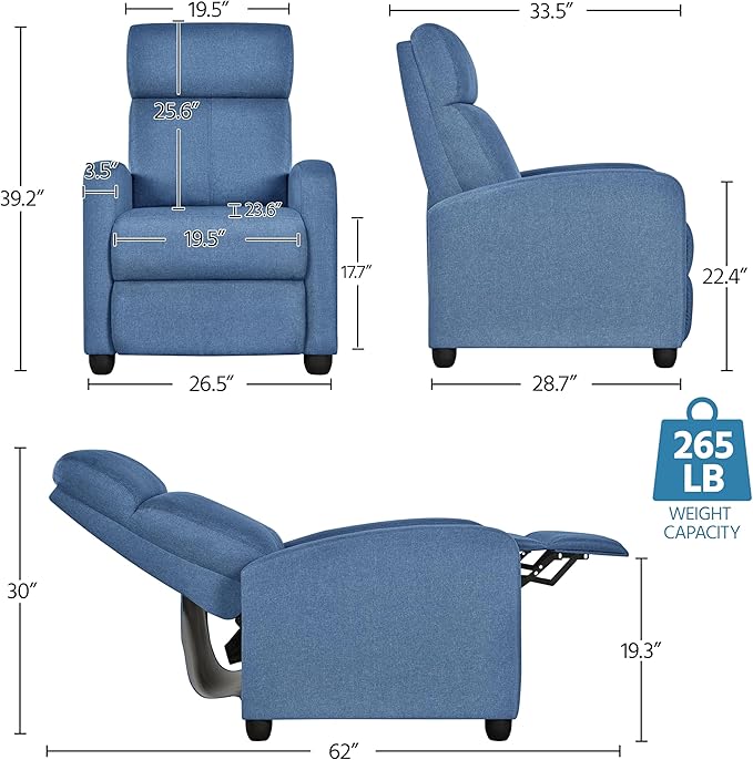 Yaheetech Fabric Recliner Chair Sofa Ergonomic Adjustable Single Sofa with Thicker Seat Cushion Modern Home Theater Seating for Living Room Light Blue
