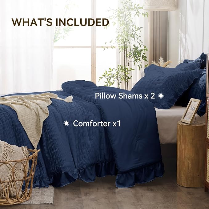JOLLYVOGUE Navy Blue King Comforter Set, 3 Pieces Seersucker Comforters King Size, Lightweight & Fluffy Bedding Sets King for All Season with 1 Ruffle Comforter and 2 Ruffle Pillowshams
