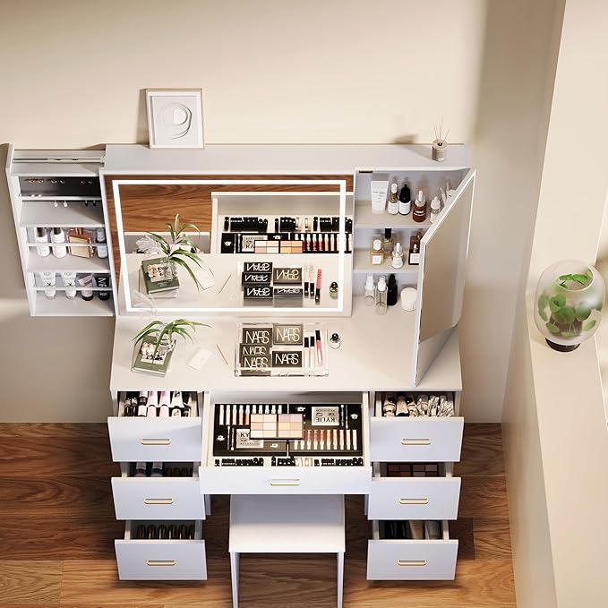 Vanity Set with Lighted Mirror, Makeup Vanity Table with 7 Drawers & Cushioned Stool, Dressing Table with Sliding Cabinet, Vanity Desk with Hidden Storage Shelves & Jewelry Rack, for Bedroom