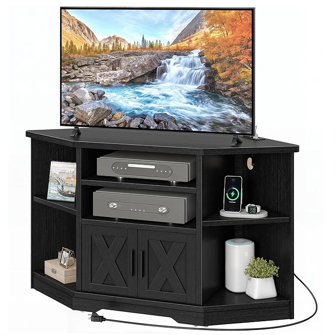 YITAHOME Corner TV Stands for Living Room, Black Entertainment Center with Storage, Farmhouse TV Stand for 55 inch TV w/Power Outlets, TV Console Media Cabinet, Black