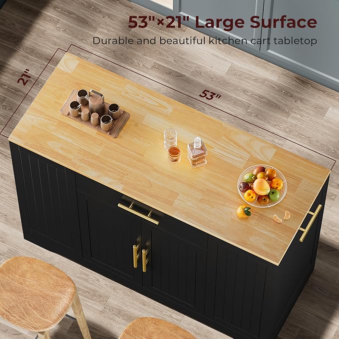 53" Long Kitchen Island with Trash Can Storage, Black Kitchen Cart with Garbage Bin 10 Gallon, Wood Island with Trash Can, Wood Top, Spice Rack and Drawers